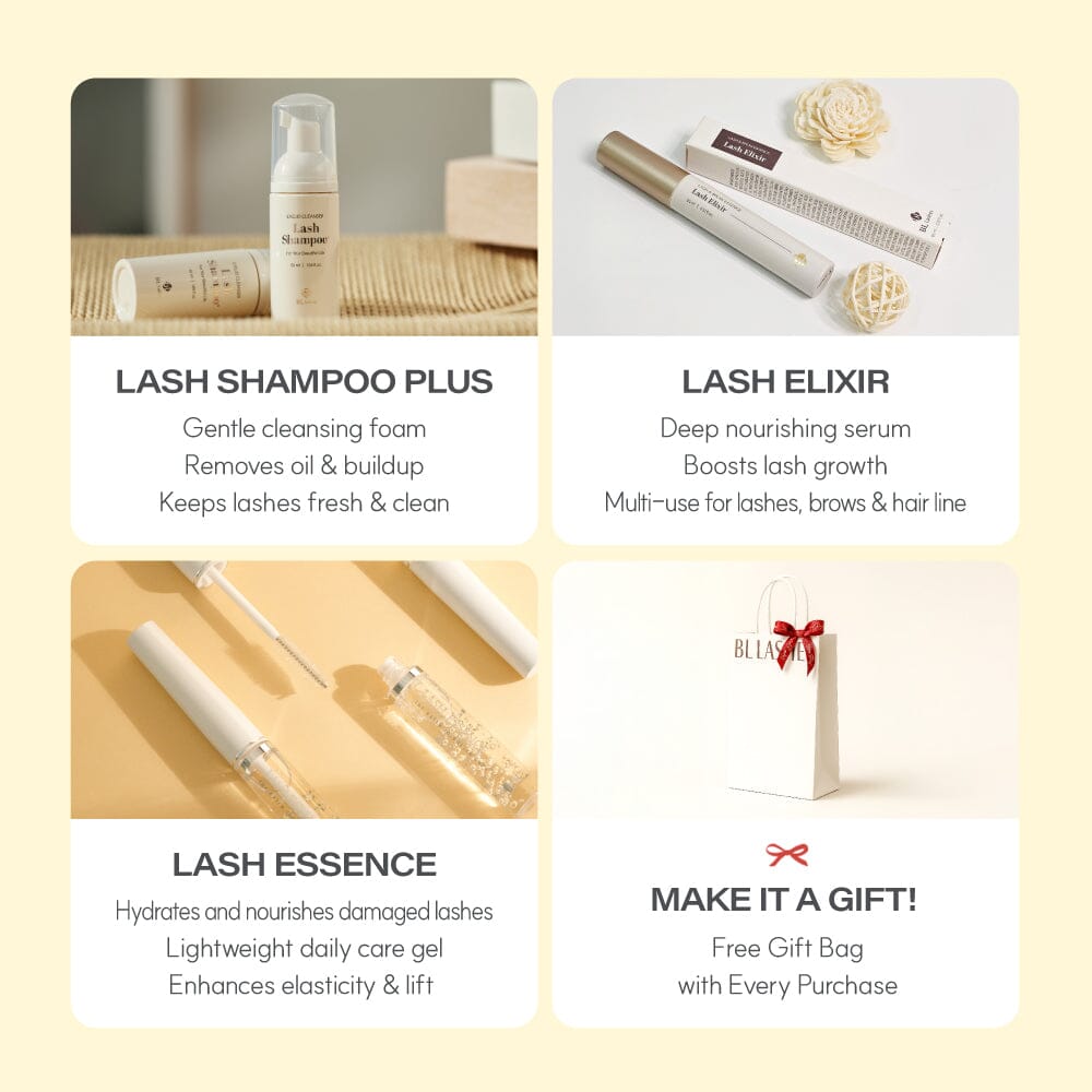 BL Lashes eyelash extension Shampoo Elixir Essence lash care routine set promotion sale gift bag