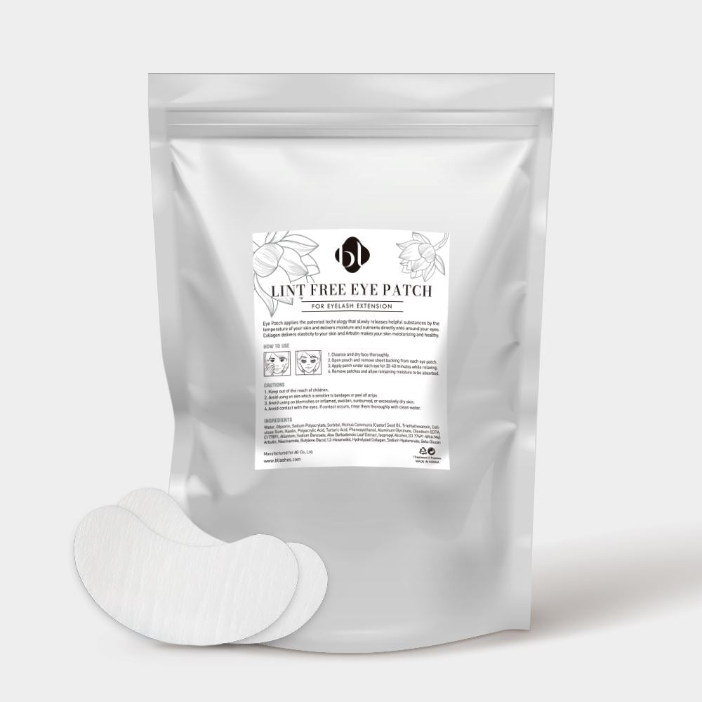 BL Lashes Lint-Free Eye Patch set in a silver pouch with white eye patches in front.