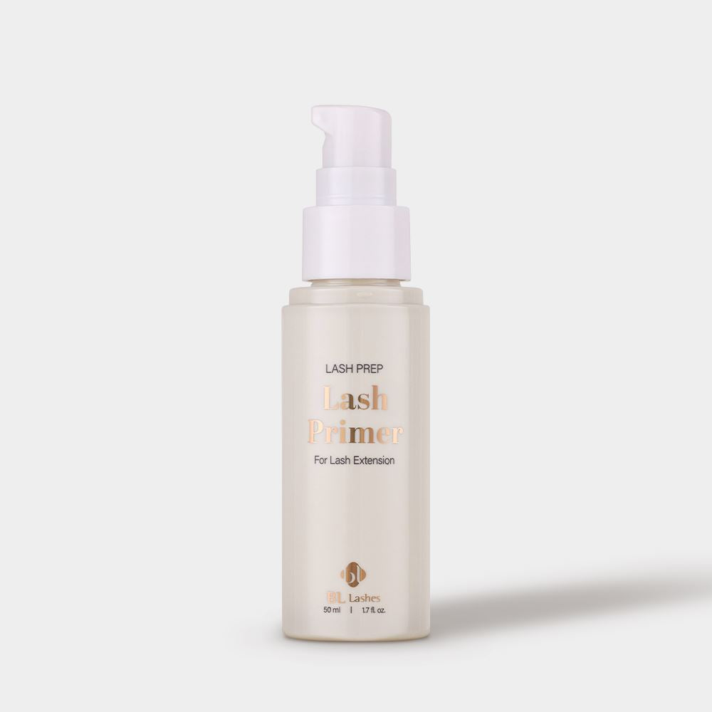 Front view of BL Lashes Lash Prep Lash Primer bottle for eyelash extensions with its cap removed, revealing a white pump dispenser.