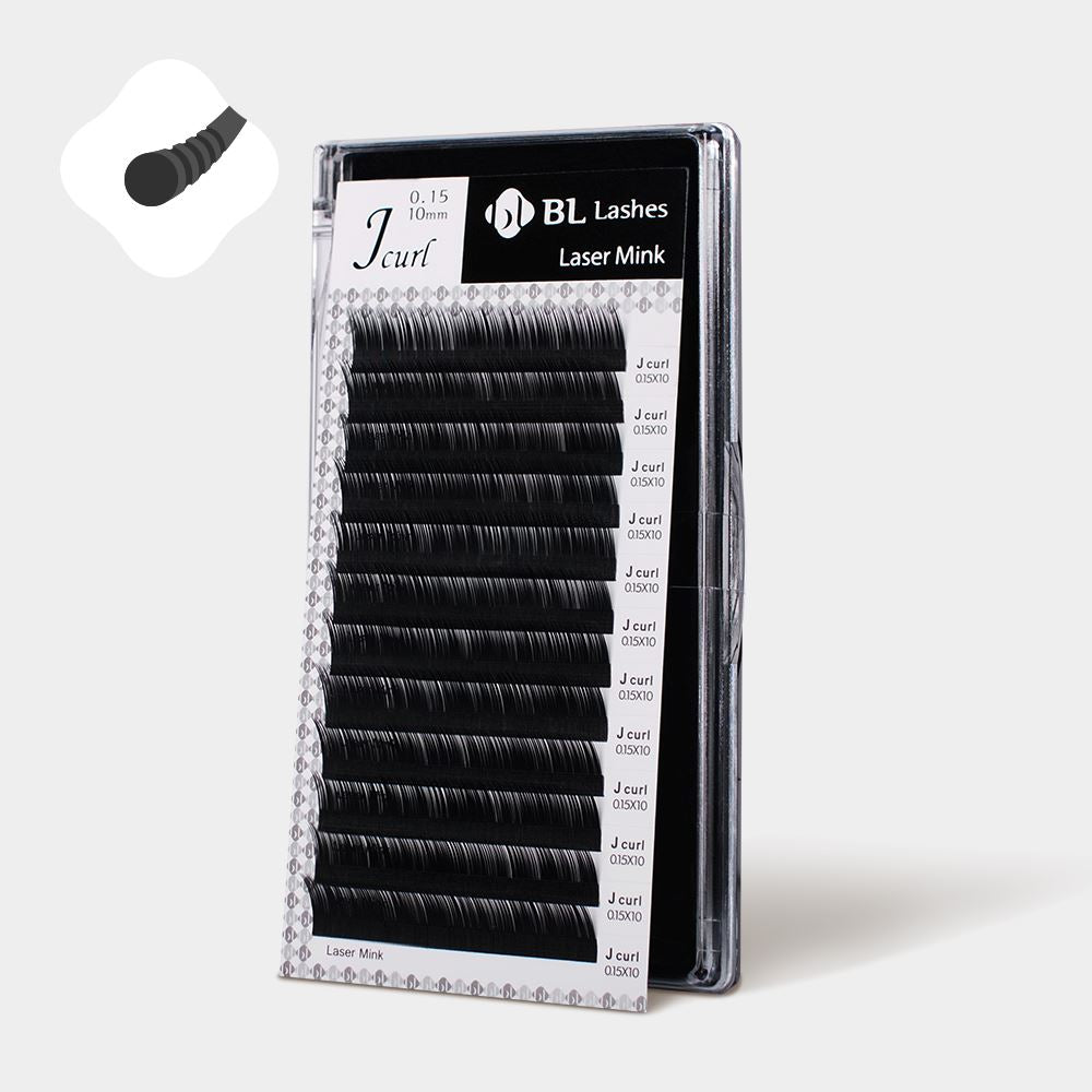 A pack of individual synthetic mink lashes by BL Lashes, displayed in a case with various lengths and curls, accompanied by an application tool. BL Lashes Laser Mink eyelash extensions D curl 0.15 thickness 9mm individual lashes natural soft volume