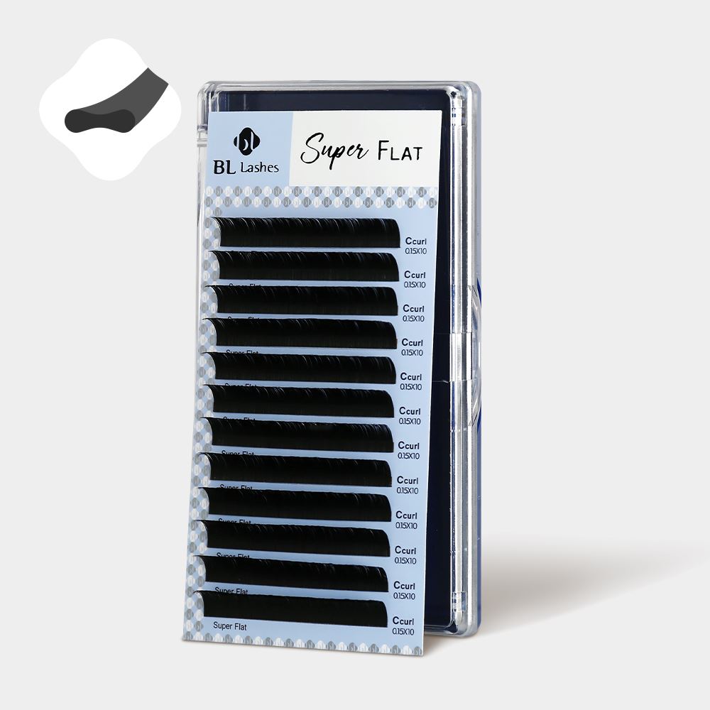 Angled view of BL Lashes Super Flat eyelash extension tray displaying C curl lashes, featuring a flat cross-section icon.